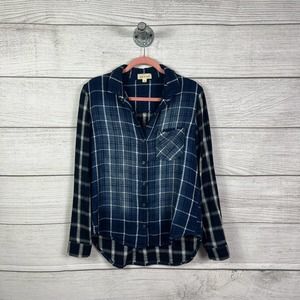 Cloth & Stone Plaid Blue Fade Button Front Flannel Top Size Medium